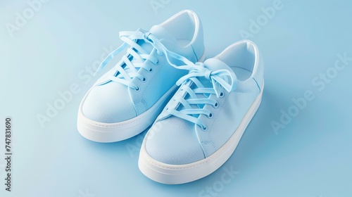 **Image Description:** A pair of blue sneakers on a blue background. The sneakers are untied and the laces are hanging down.