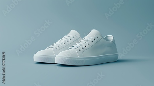 **Image description:**  A pair of white sneakers on a blue background. The sneakers are made of leather and have a lace-up closure. photo