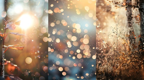 This is a beautiful nature-inspired triptych featuring a plant, a blurred background with bokeh, and a plant in a forest. photo
