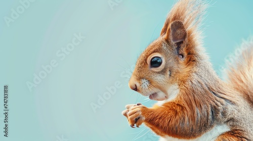 A close-up of a red squirrel eating a nut. The squirrel is sitting on a branch with a blurred background.