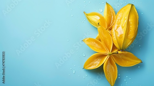 This is a photograph of a yellow star fruit. The fruit is sliced in half, revealing its juicy, translucent flesh.