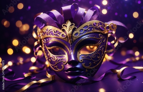 Venetian carnival mask with shiny golden glitter on dark purple background © WrongWay