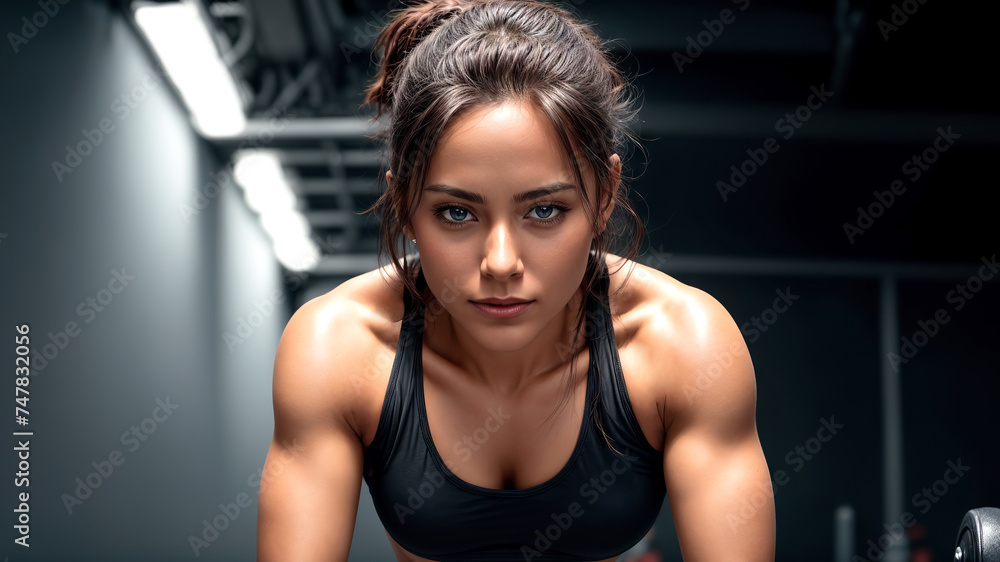 A woman poses confidently in a studio portrait, showcasing her healthy lifestyle and beauty.