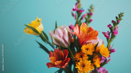 A beautiful bouquet of various flowers in full bloom against a solid blue background.