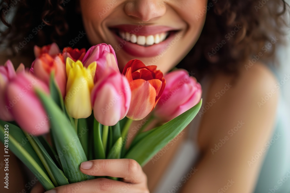 Smiling woman with bouquet of colorful tulips. Spring and freshness. Smiling woman with bouquet of colorful tulips. Spring and freshness.