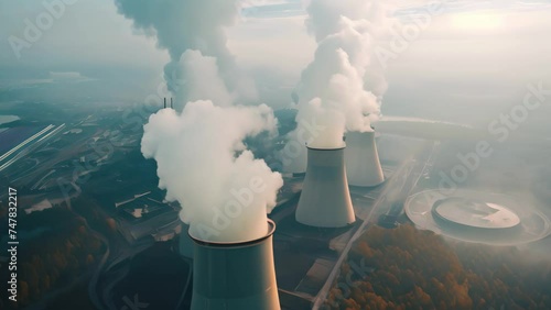 Aerial view of nuclear power plant with smoke from chimneys. Nuclear power plant aerial view with smoke, AI Generated photo