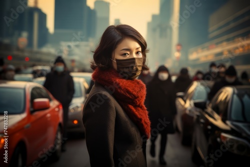 
Portrait of a chinese young woman wearing a face mask with a backdrop of heavy traffic and visible car emissions