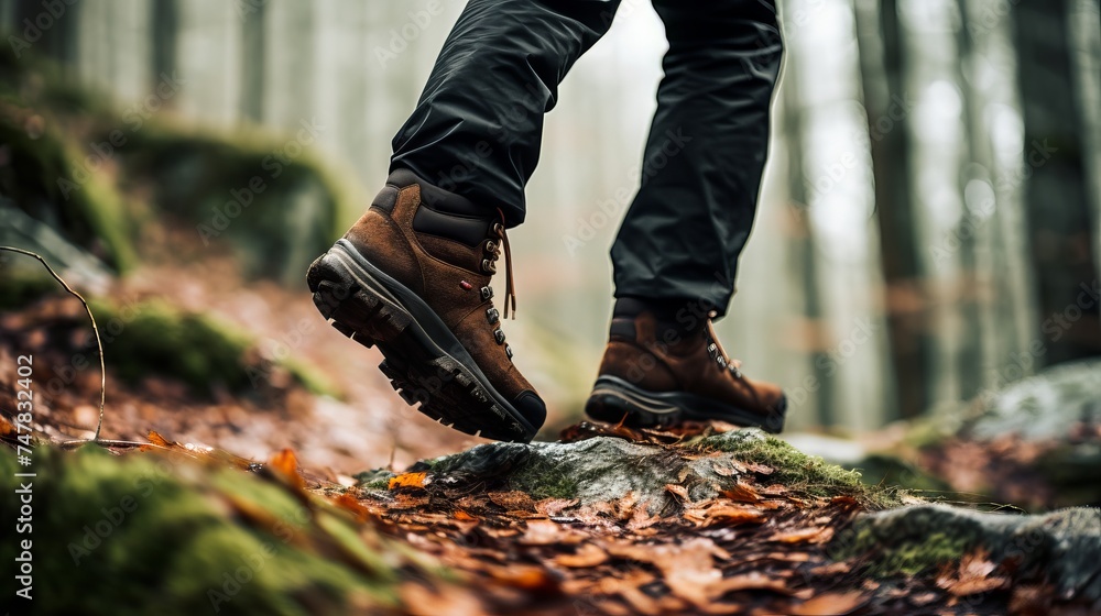 Hiker Ascending Rocky Trail: Close-Up of Leather Boots in Motion | Canon RF 50mm f/1.2L USM Hiker Ascending Rocky Trail: Close-Up of Leather Boots in Motion | Canon RF 50mm f/1.2L USM