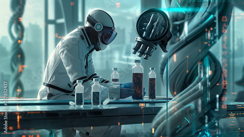 Scientist in safety suit is working on new drugs and is being observed by a probe. © Everyphoto