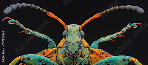 A close-up view of a colorful Longhorn Beetle species, Hesperophanes Sericeus, displaying its striking features against a dark black backdrop. The insects vivid hues and intricate details are photo
