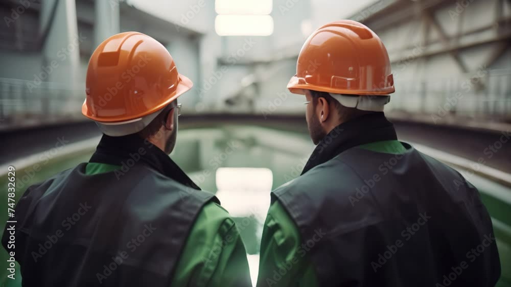 Two engineers in hardhats discussing something while standing in a factory, Two industrial engineers are in the rearview wearing uniform, AI Generated Two engineers in hardhats discussing something while standing in a factory, Two industrial engineers are in the rearview wearing uniform, AI Generated