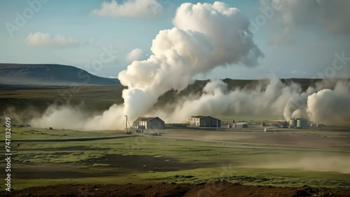 Icelandic landscape with smoking chimneys and geothermal power station, The geothermal energy making industry producing, AI Generated photo