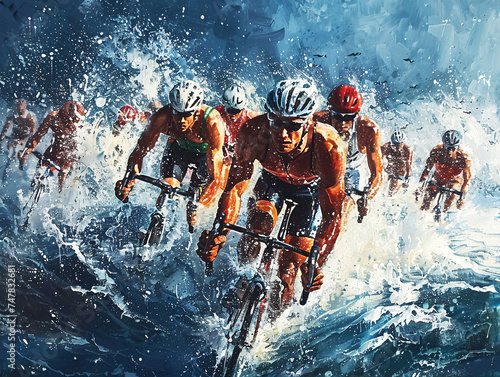 Cyclists Competing Fiercely in a Stormy Race