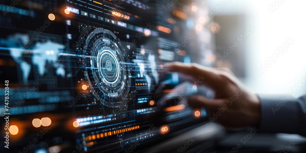Focused professional completing tasks on a high-tech virtual checklist interface with transparent digital screens, enhancing productivity and organization Focused professional completing tasks on a high-tech virtual checklist interface with transparent digital screens, enhancing productivity and organization