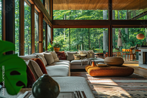 Modern living room with large windows and forest view. Interior design and architecture.