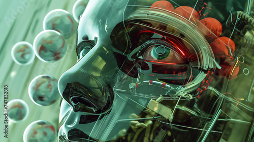 Close-up humanoid, transparent face, with organs and enhancements visible inside. Future robot with transparent face.  Robot with humanoid transparent face. Robot with visible organs.