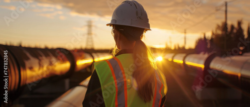 Silhouetted engineer overlooks pipelines at sunset, symbolizing industrial progress. © Ai Studio