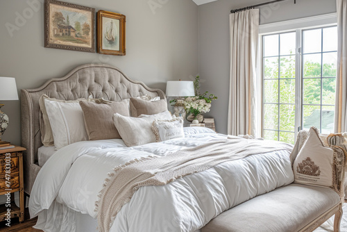 Elegant bedroom interior with plush bedding and neutral tones. Home comfort and design.