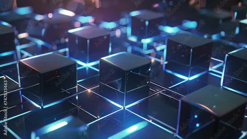 3D rendering of abstract background with cubes and lights. Futuristic background. A closeup of a blockchain network with interconnected blocks, AI Generated