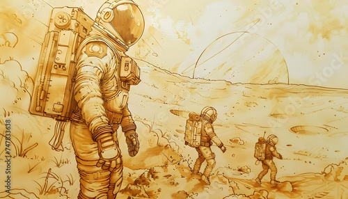 A sketch of a group of astronauts exploring a distant planet examining its terrain and collecting s Generative AI