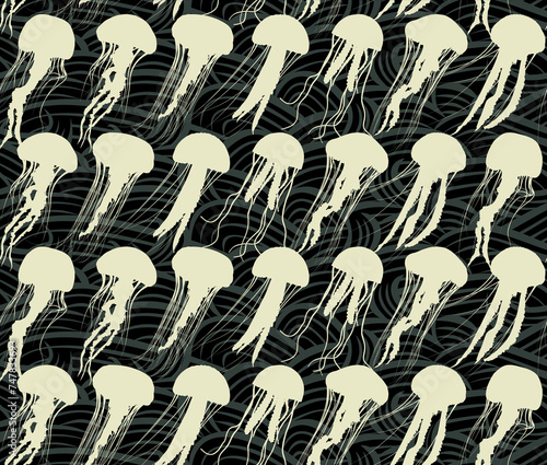 The seamless background with jellyfish in the sea.
