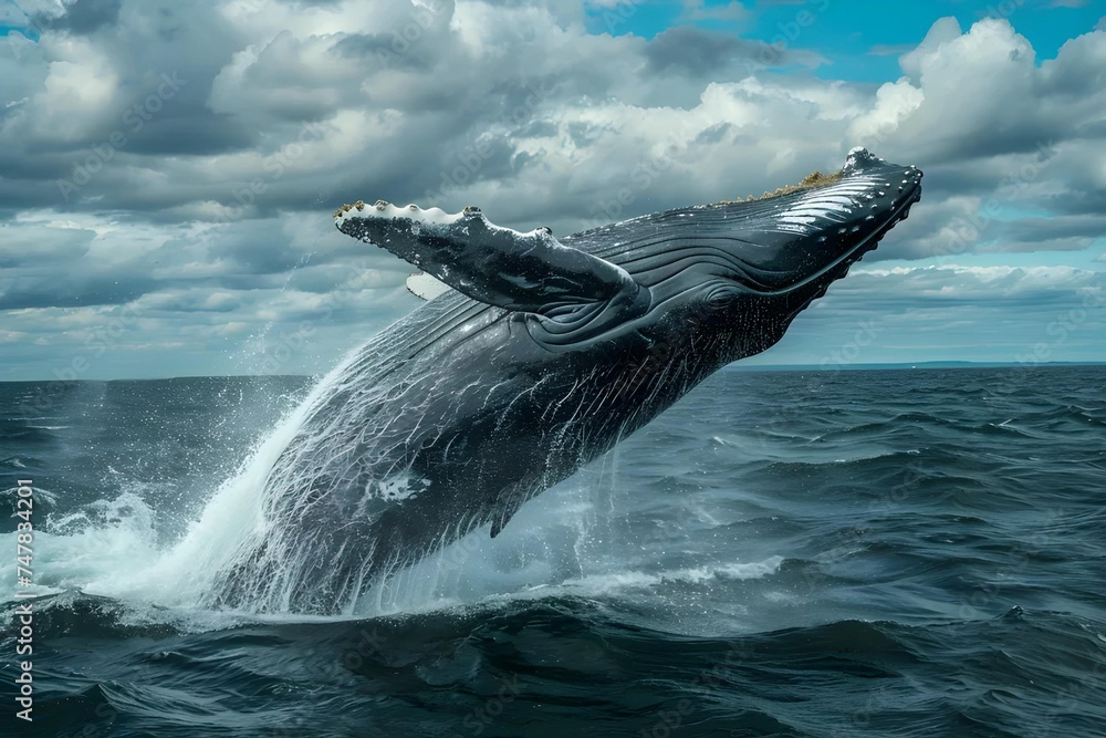 Fototapeta premium A massive blue whale breaching the ocean surface, a moment of awe-inspiring power and grace.