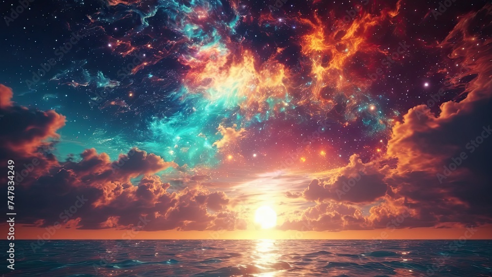 Colorful cosmic universe and beautiful sky sunset. Ocean reflection. Web banner design - obrazy, fototapety, plakaty 