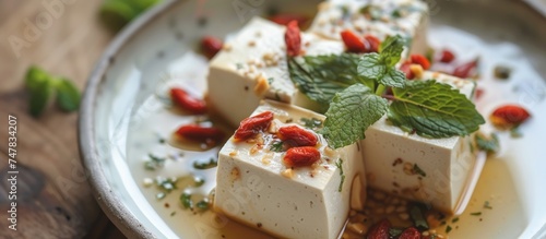 A white plate holds tofu covered in a flavorful sauce and garnished with fresh mint leaves. The tofu appears to be infused with almond and topped with tangy goji berries for a delicious presentation.