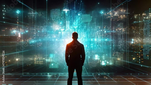 Silhouette of a man in front of a futuristic technological background, A silhouette of a person standing in front of a giant digital screen showing hologram of data flows, AI Generated photo
