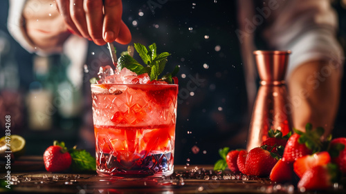 A bartender's hand puts the finishing touches on a vibrant strawberry mint cocktail, capturing the essence of fine mixology and refreshing flavors