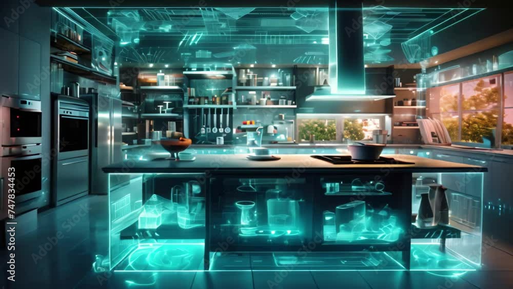 3d rendering of a modern kitchen with black countertop and a glass door, A smart kitchen interior with glowing network connections, digital technology hologram, AI Generated 3d rendering of a modern kitchen with black countertop and a glass door, A smart kitchen interior with glowing network connections, digital technology hologram, AI Generated