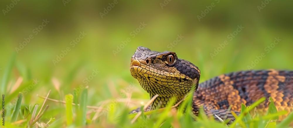 Fototapeta premium A Natrix natrix snake is seen up close in the grass. The snake is hunting for prey and possibly sunbathing on a warm day.
