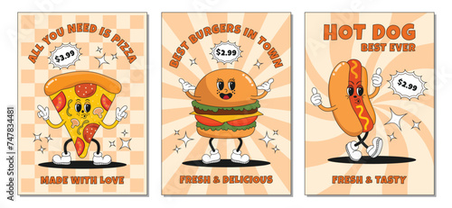 Groovy retro fast food posters set. Fast food, burger, pizza, hot dog illustration. Vintage banner, 70s, 80s, 90s vibes. Trendy retro psychedelic style. Funny food character in groovy style. Funny foo