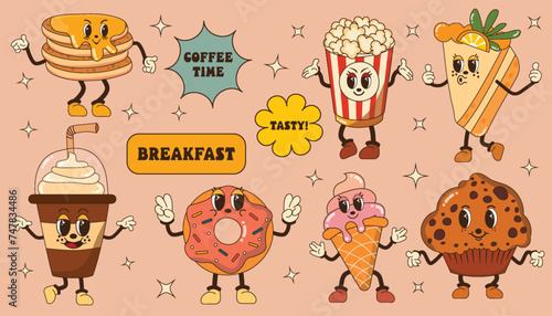 Set of groovy fast food character. Retro vintage vector illustrations. Pancakes, popcorn, cake, coffee, donut, ice cream, muffin. Illustration for restaurant, cafe and delivery.
