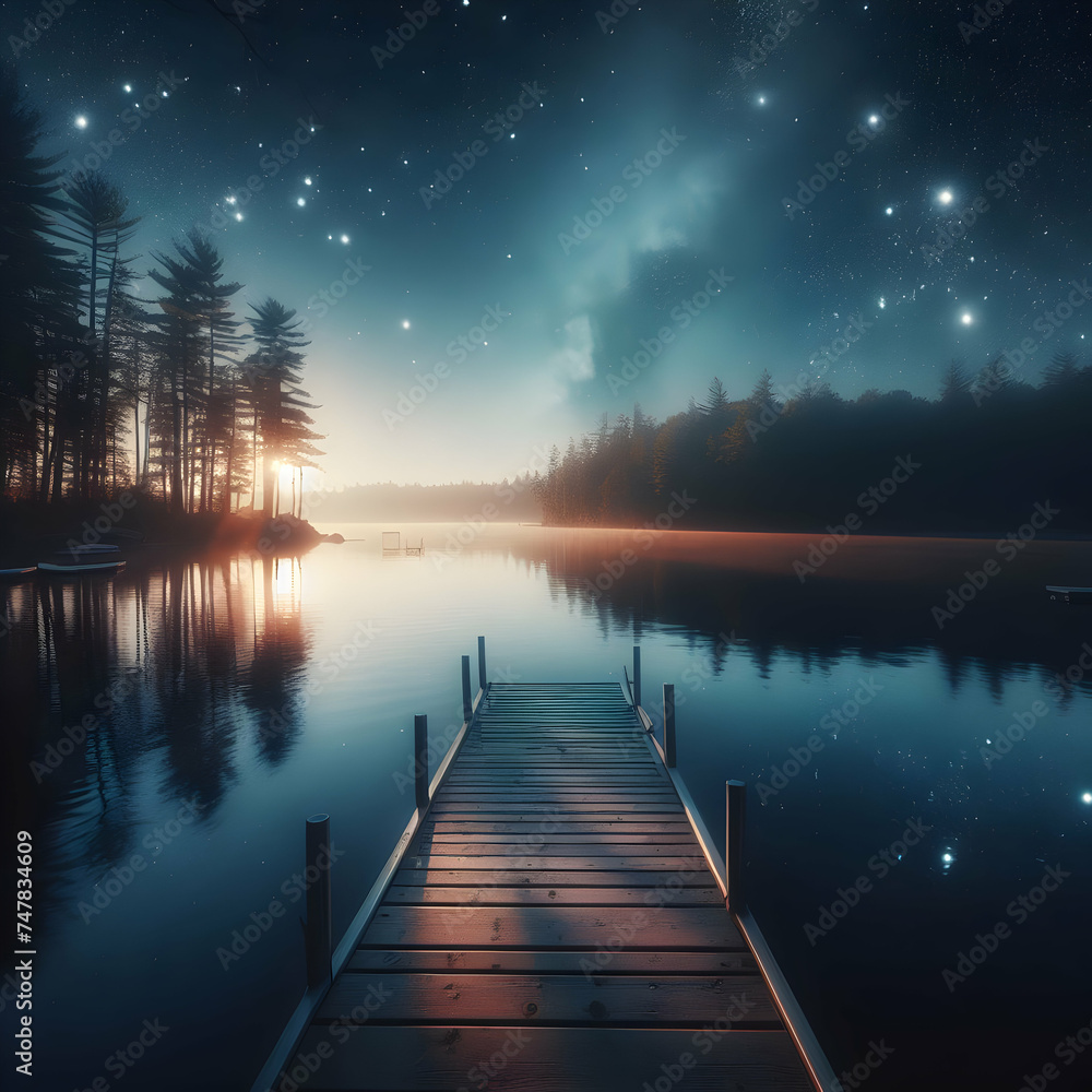 Photograph of a starry night sky reflecting on a calm lake, with a dock leading into the water. Dock in the foreground, star reflection on the water, tranquil and reflective lighting.
