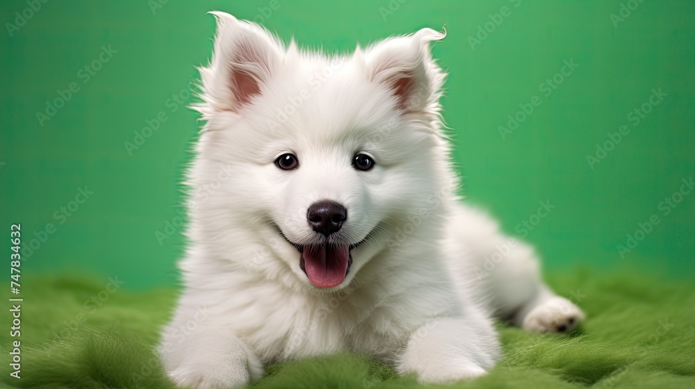 Adorable Mixed Breed White Puppy and Samoyed Dog Playing in Green Grass Background - Horizontal Animal Photography