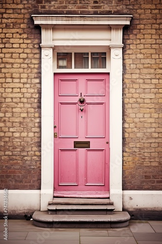 Beautiful Antique Pink Door on Classic Brick Building at Crossroad with Lovely Colours photo