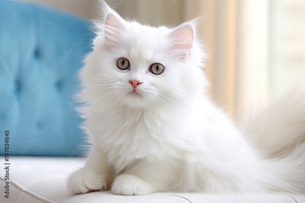 Fluffy White Cat with Cute Paw and Muzzle. Sweet Kitten with Adorable Tail - Closeup Image of White Animal Fluffy White Cat with Cute Paw and Muzzle. Sweet Kitten with Adorable Tail - Closeup Image of White Animal