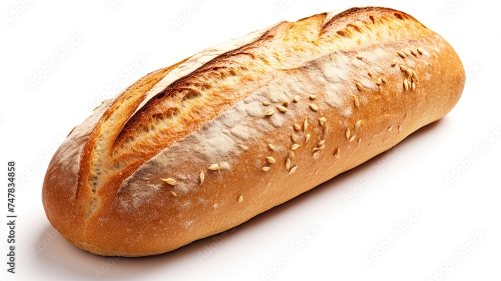 French Loaf Bread on White Background. One Isolated Loaf with Seeds. Perfect for a Golden and Delicious Meal