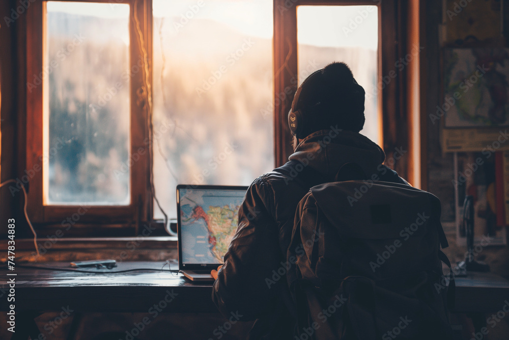Digital Nomad man with backpack doing business on laptop at Sunset in Mountain Cabin. Concept of remote work, freedom and freelance. Digital Nomad man with backpack doing business on laptop at Sunset in Mountain Cabin. Concept of remote work, freedom and freelance.
