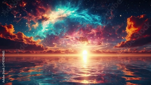 Colorful cosmic universe and beautiful sky sunset. Ocean reflection. Web banner design