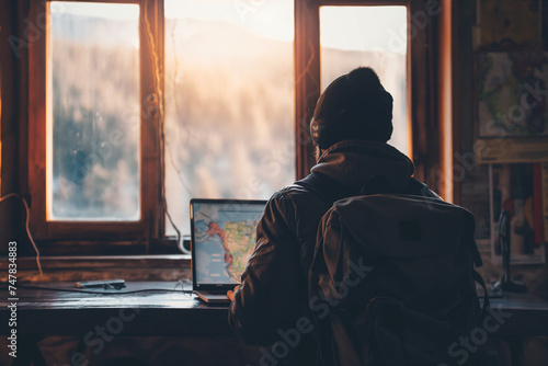 Digital Nomad man with backpack doing business on laptop at Sunset in Mountain Cabin. Concept of remote work, freedom and freelance.