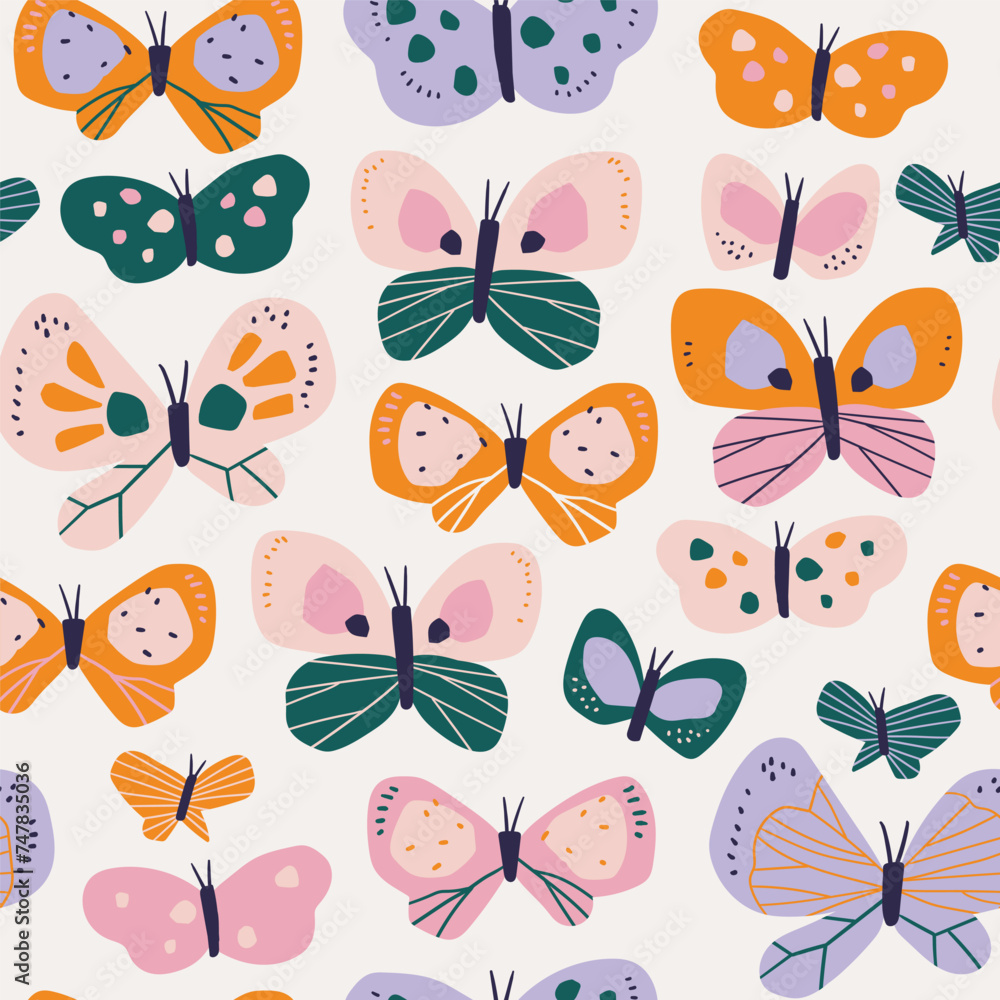 Vector abstract butterfly seamless pattern design. Funny collage butterfly collection. Summer insect pattern for fabric or wallpaper. Kids print design. Vector abstract butterfly seamless pattern design. Funny collage butterfly collection. Summer insect pattern for fabric or wallpaper. Kids print design.