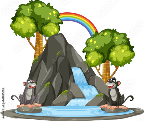 Two happy monkeys sitting by a mountain waterfall