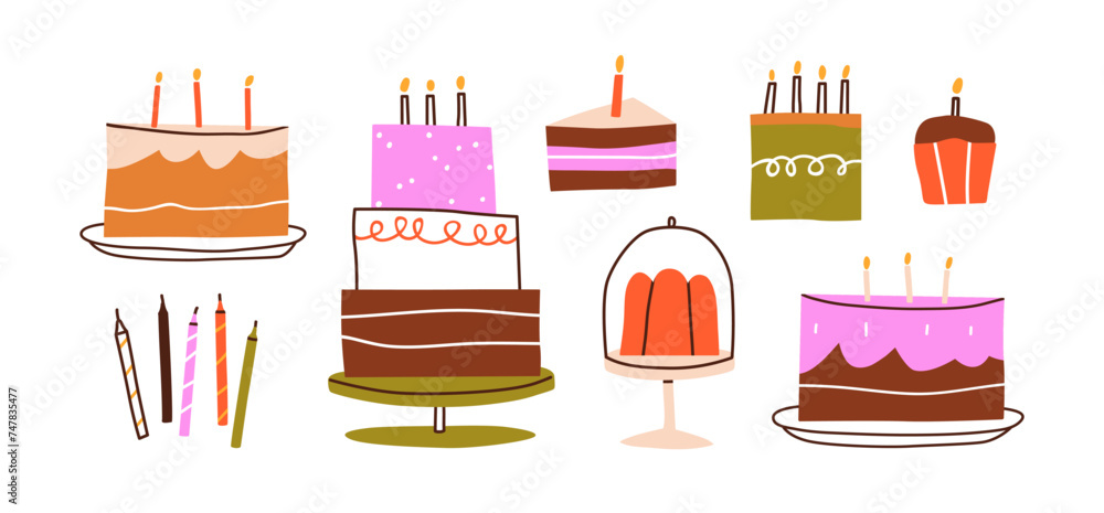 Naklejka premium Birthday cakes set. Party desserts, sweet cupcakes, pastry piece, candy with holiday candles. Festive confectionery, bakery on plate, dish. Flat vector illustrations isolated on white background