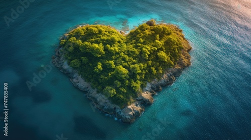 Heart shaped island with beaches, sand and rocks. Created with Generative AI. © lchumpitaz