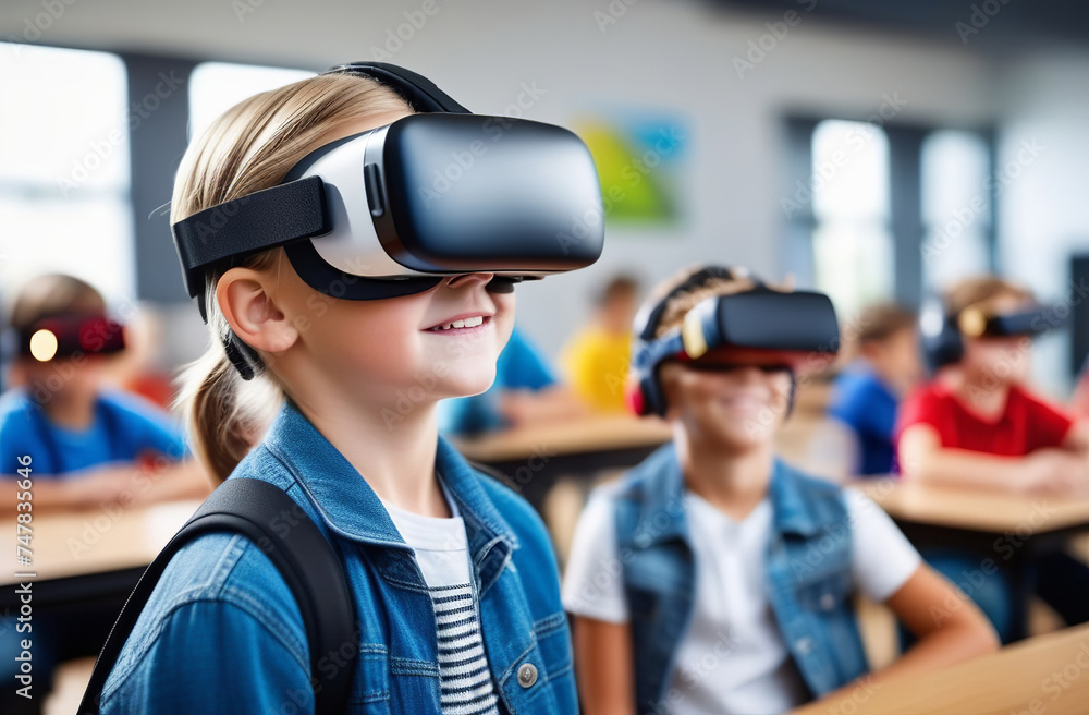 Interactive school concept. Kids in VR headsets sitting at desks and having virtual reality learning experience. Study technology. Girl in VR glasses in classroom. Tech education. Back to school Interactive school concept. Kids in VR headsets sitting at desks and having virtual reality learning experience. Study technology. Girl in VR glasses in classroom. Tech education. Back to school