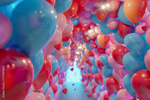 some colorful balloons are floating in the air, in the style of photorealistic detail