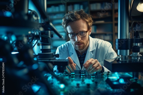 
Portrait photograph of a male materials scientist in his late 40s, analyzing material properties in a materials science lab, with microscopes and testing equipment around him