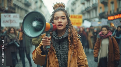 Activists protesting with megaphones during a strike, along with demonstrators in the background.